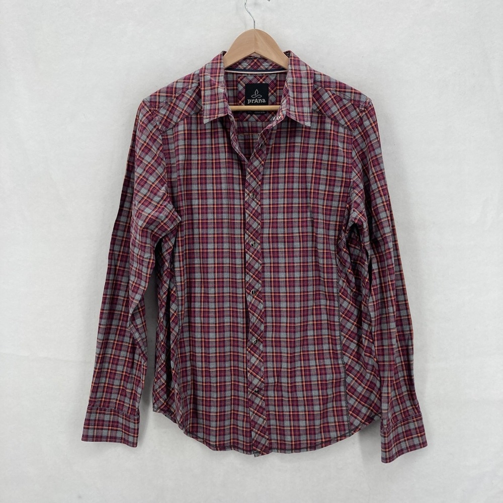 prAna Archer Pearl Snap Shirt Mens Small Red Plaid Button Down Organic Cotton